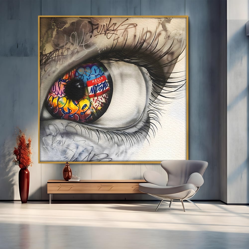 Tablou canvas cu tablou canvas cu ochi uman si graffiti, in rama de aluminiu auriu